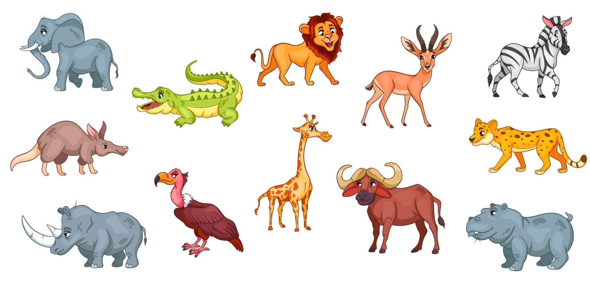 Large set of African animals. Funny animal characters in cartoon style. vector