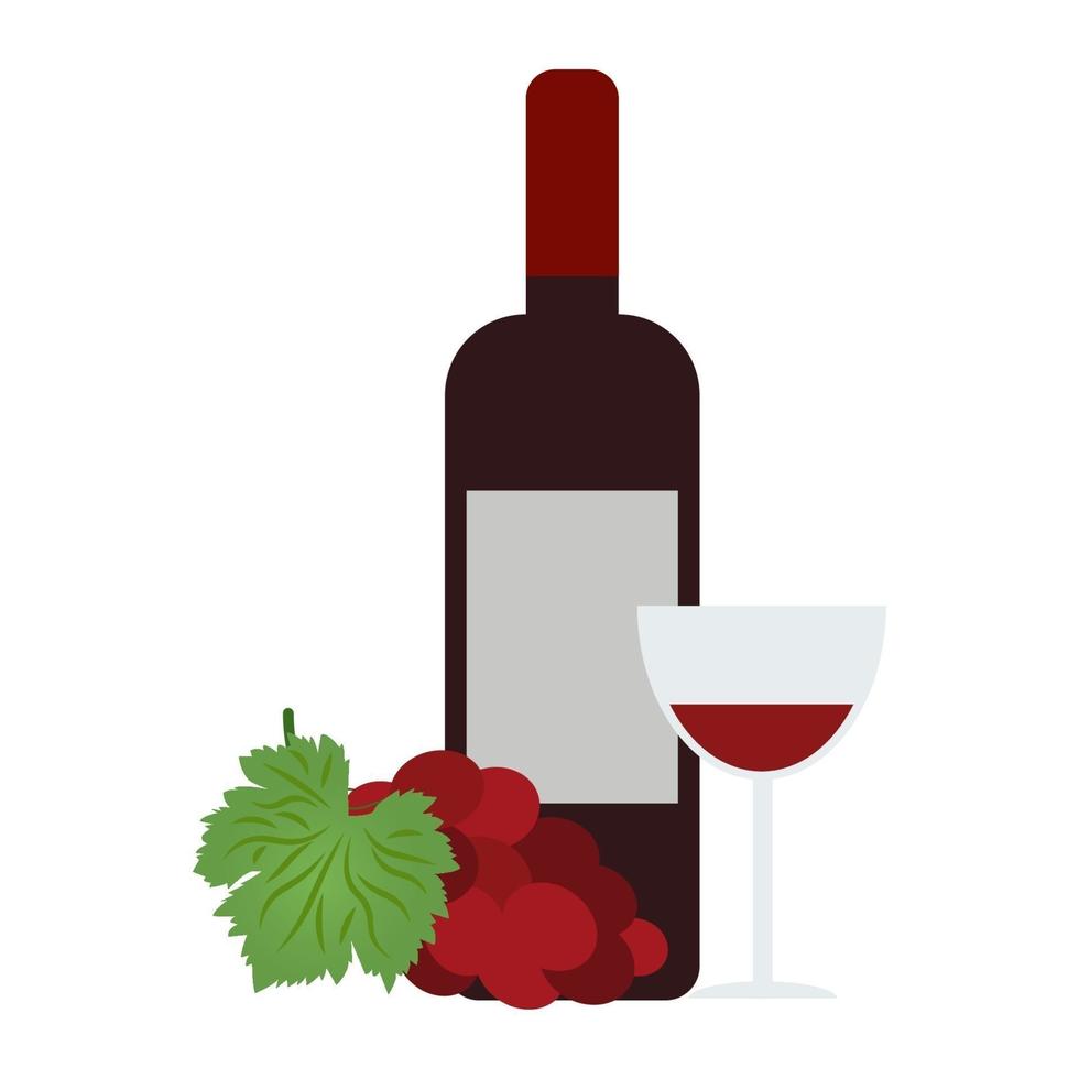 Wine, wine bottle in combination with glass and grapes. Vector flat cartoon style