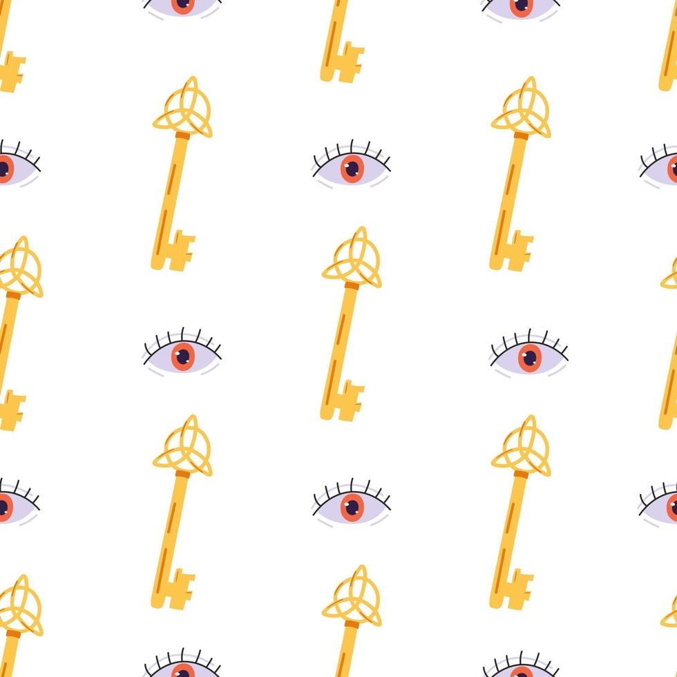 Seamless pattern with magic key and evil eye. Vector background.