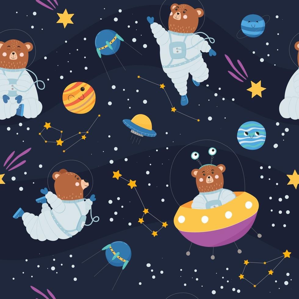 Seamless pattern with cute bear in space suit, UFO, planets, satellites and stars. Great for nursery and children. vector