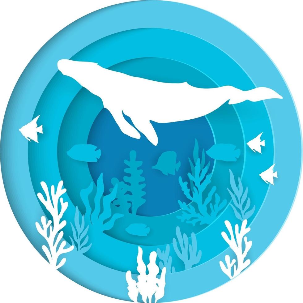 Underwater sea cave and fishes with paper cut style vector