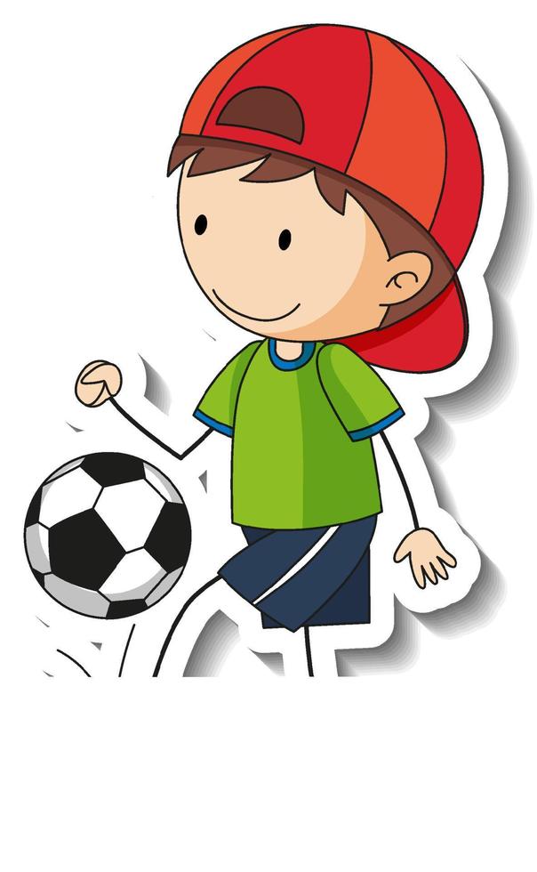 Sticker template with a boy playing football cartoon character isolated vector