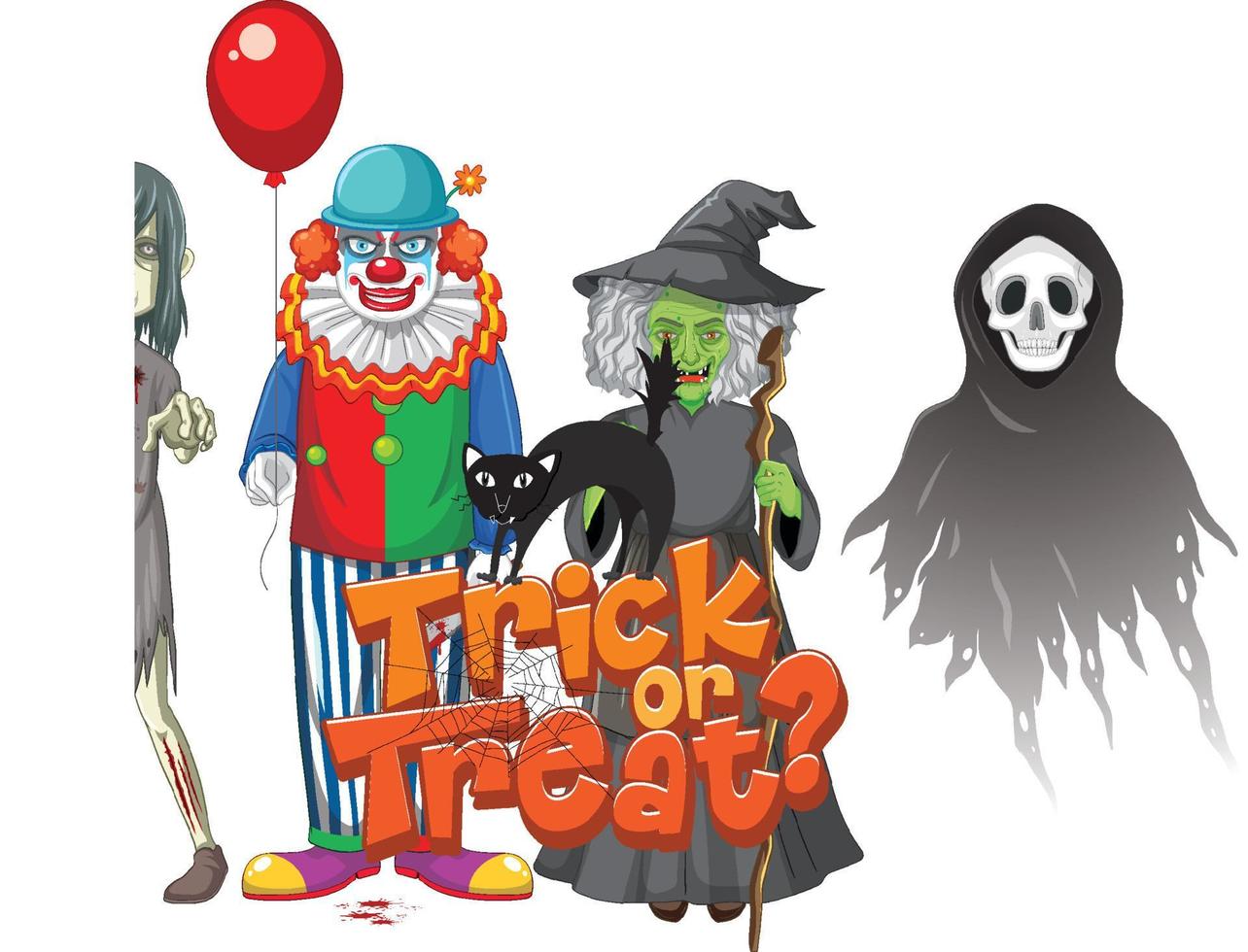 Diseño de texto de truco o trato con personajes fantasmas de halloween vector