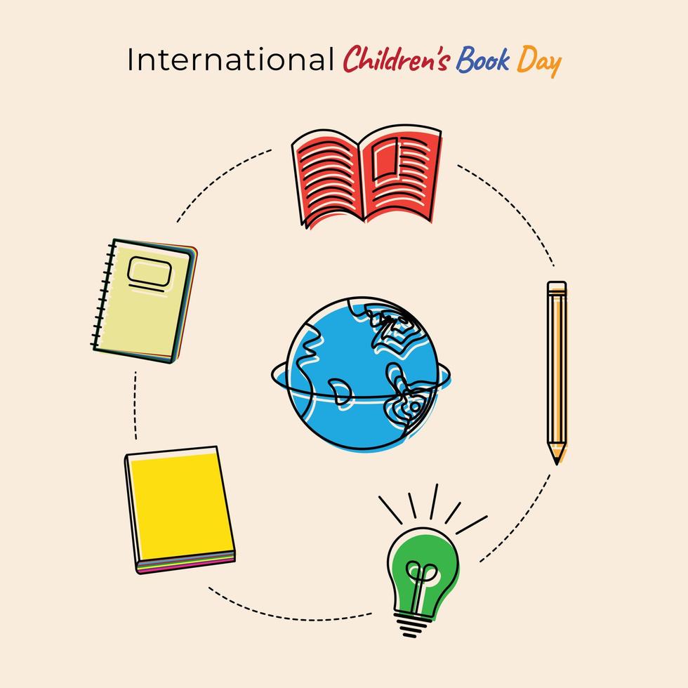 diseño del día internacional del libro infantil con herramienta de educación voladora alrededor de la tierra. vector