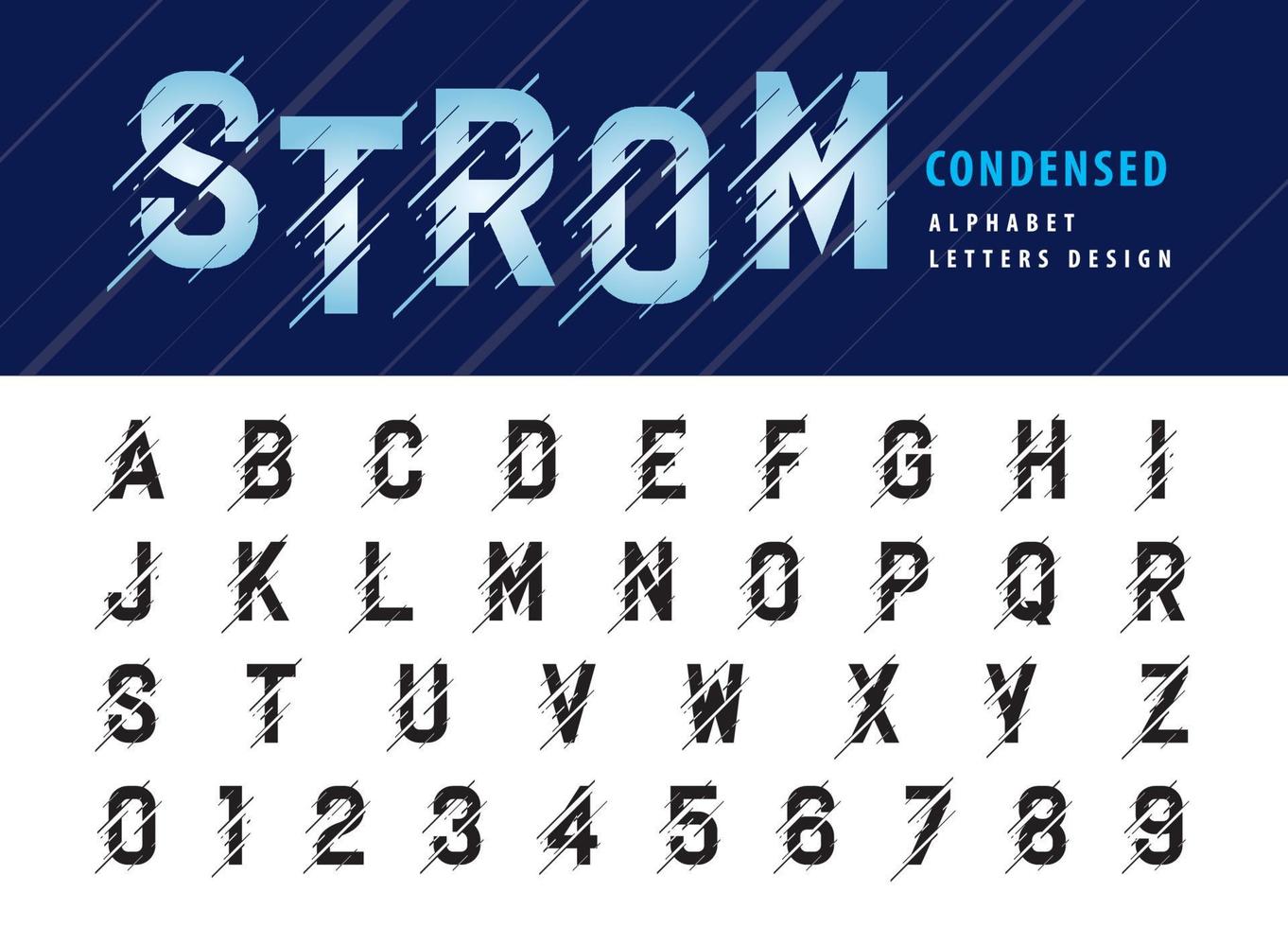 Modern Glitch Condensed Letter fonts, Moving Storm Alphabet Letters and numbers vector