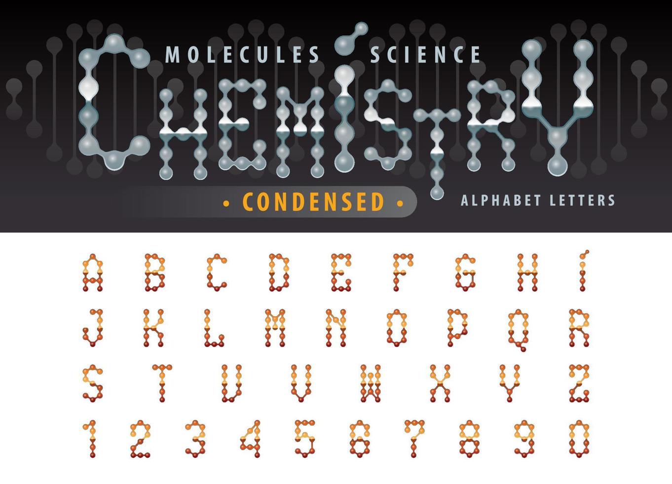 Vector of abstract molecule cell Alphabet Letters and numbers, Letters set for Atom Molecule Cell chemistry, science, connect, connection, biology, physics
