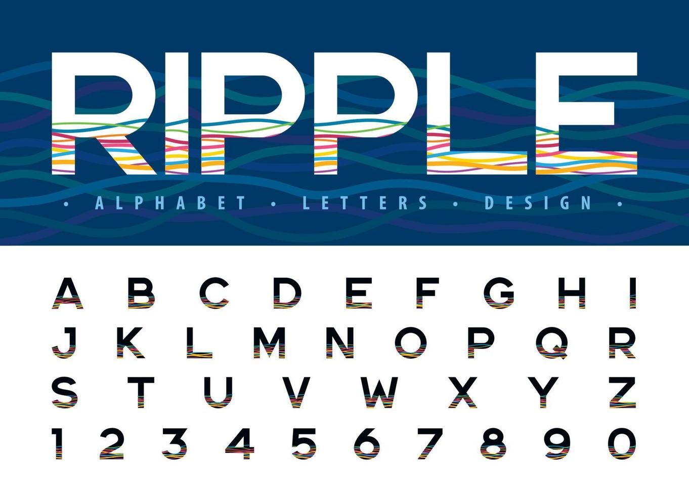 Modern Wave line Alphabet Letters and numbers. Ripple Water Lines Bold Letter fonts, vector