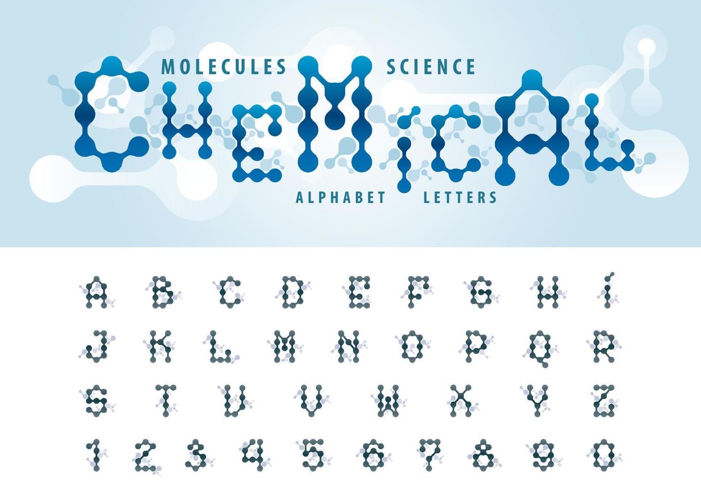 letras y números del alfabeto de células moleculares, letras establecidas para química de células de moléculas atómicas, ciencia, conectar, conexión, red, social, biología, física vector