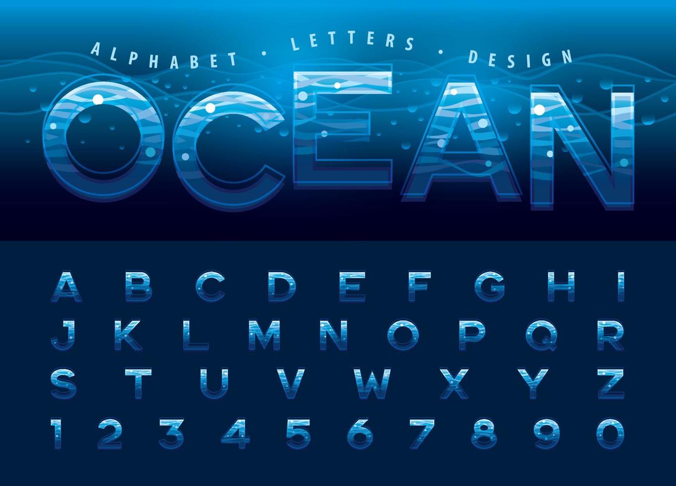 fuentes modernas de letras de líneas onduladas de agua, letras y números del alfabeto de líneas de olas oceánicas. vector