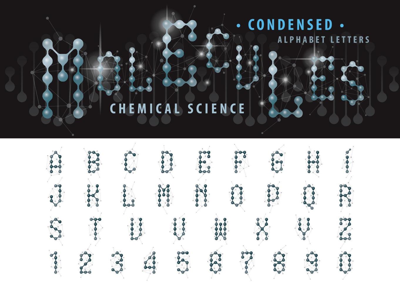 letras condensadas de la química celular de la molécula del átomo establecidas para la ciencia, conectar, conexión, red, social, biología, física, letras y números abstractos del alfabeto celular de la molécula vector