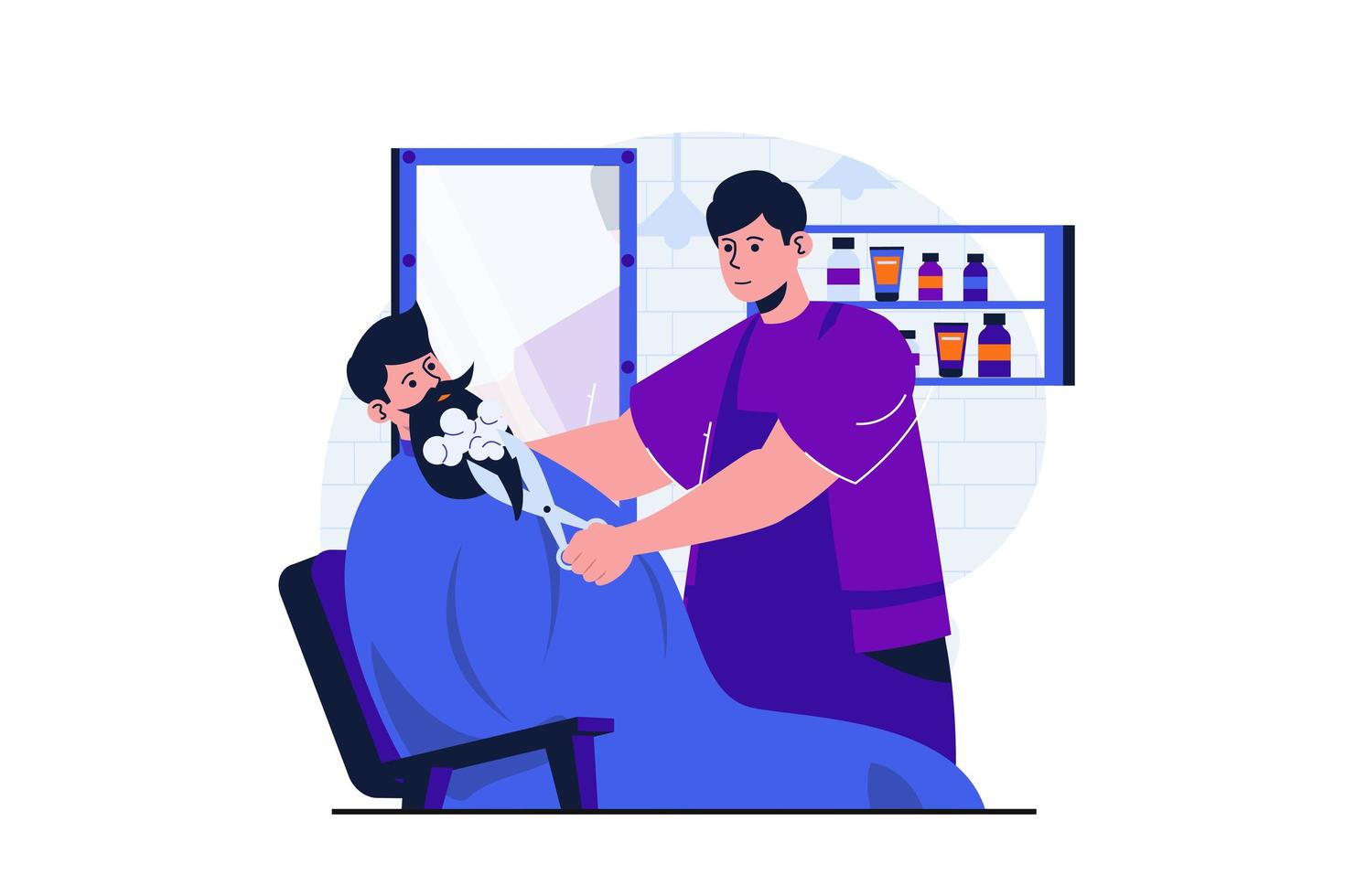 concepto plano moderno de barbería para diseño de banner web. el peluquero ha enjabonado la barba del cliente y los cortes con tijeras. hombre que se cuida el cabello y se corta la barba. ilustración vectorial con escena de personas aisladas vector