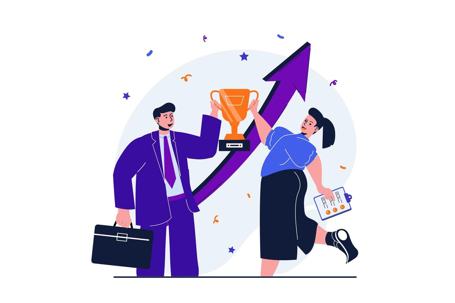 Business award modern flat concept for web banner design. Businessman and businesswoman hold golden cup, celebrating victory and achieving career goals. Vector illustration with isolated people scene
