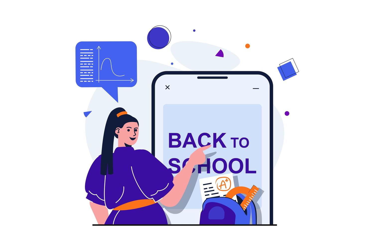 concepto plano moderno de regreso a la escuela para el diseño de banner web. estudiante que estudia para obtener excelentes calificaciones, adquiere nuevos conocimientos y usa el teléfono móvil para aprender. ilustración vectorial con escena de personas aisladas vector