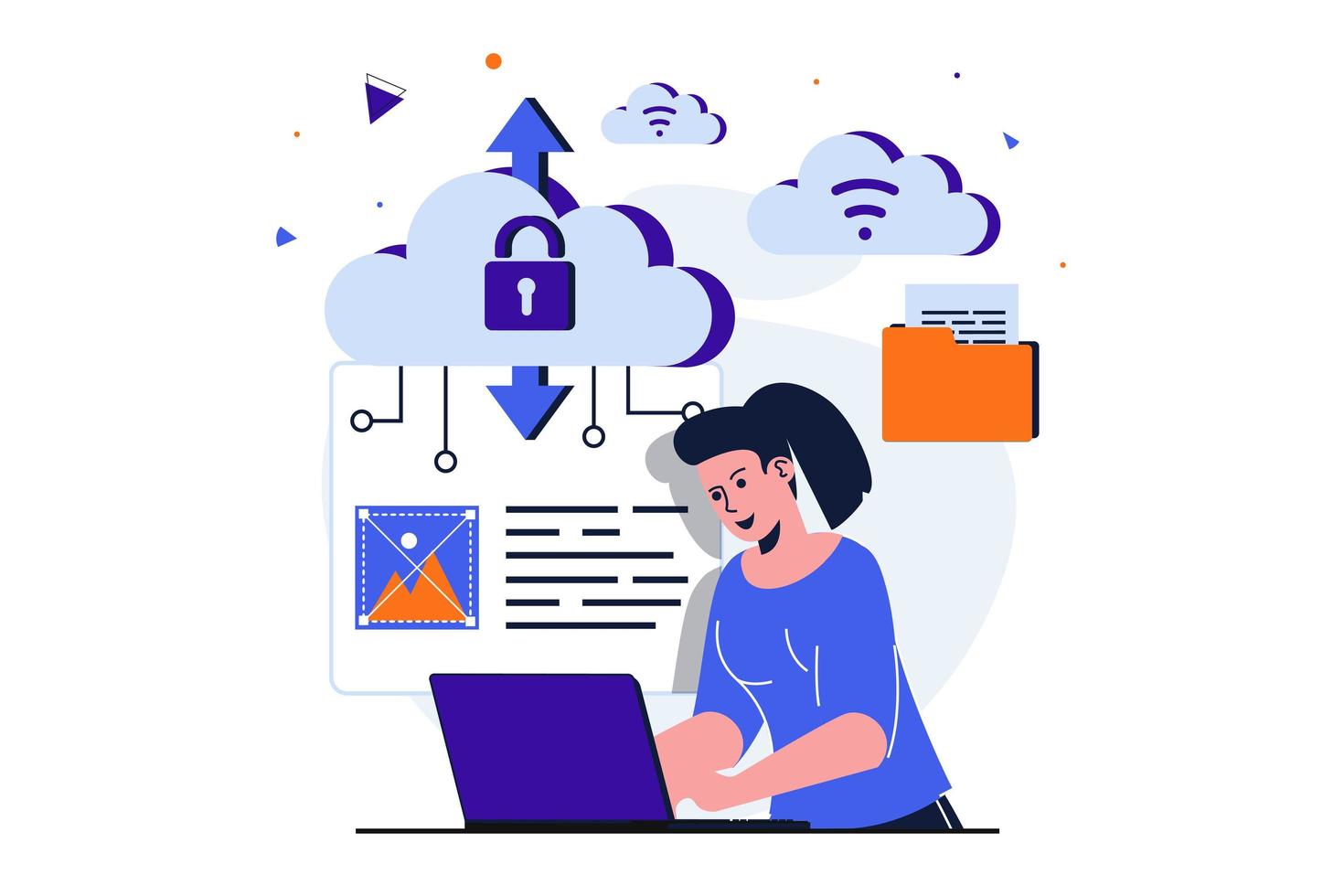 Cloud computing modern flat concept for web banner design. Woman working on laptop, processing files and images online and using cloud technologies. Vector illustration with isolated people scene