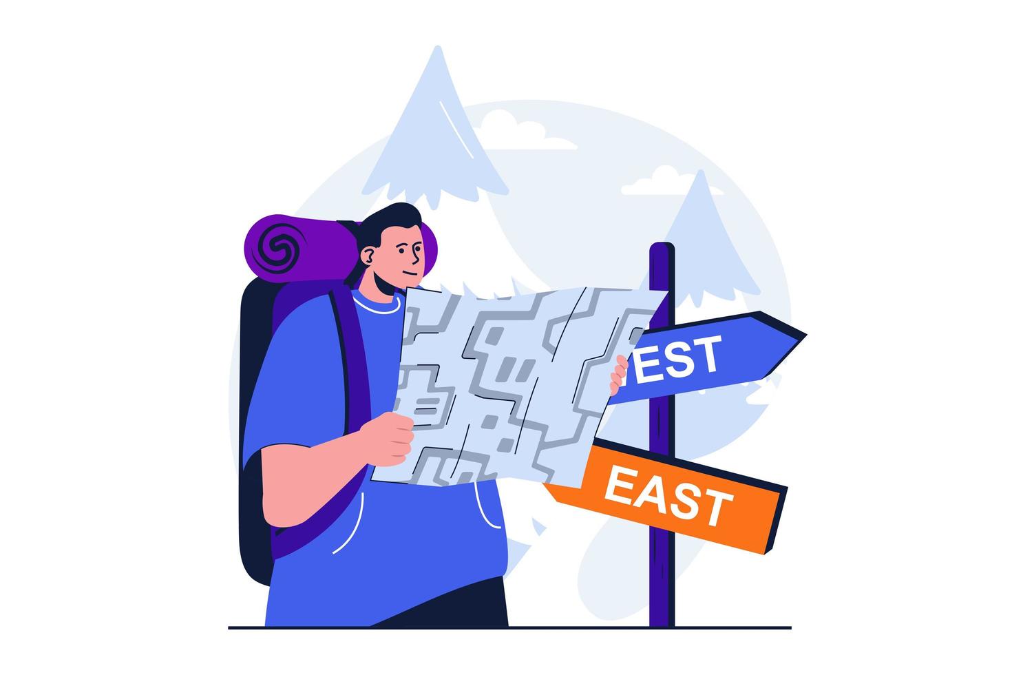 Traveling modern flat concept for web banner design. Man tourist with backpack looking at map and chooses direction of hiking route at sign post. Vector illustration with isolated people scene