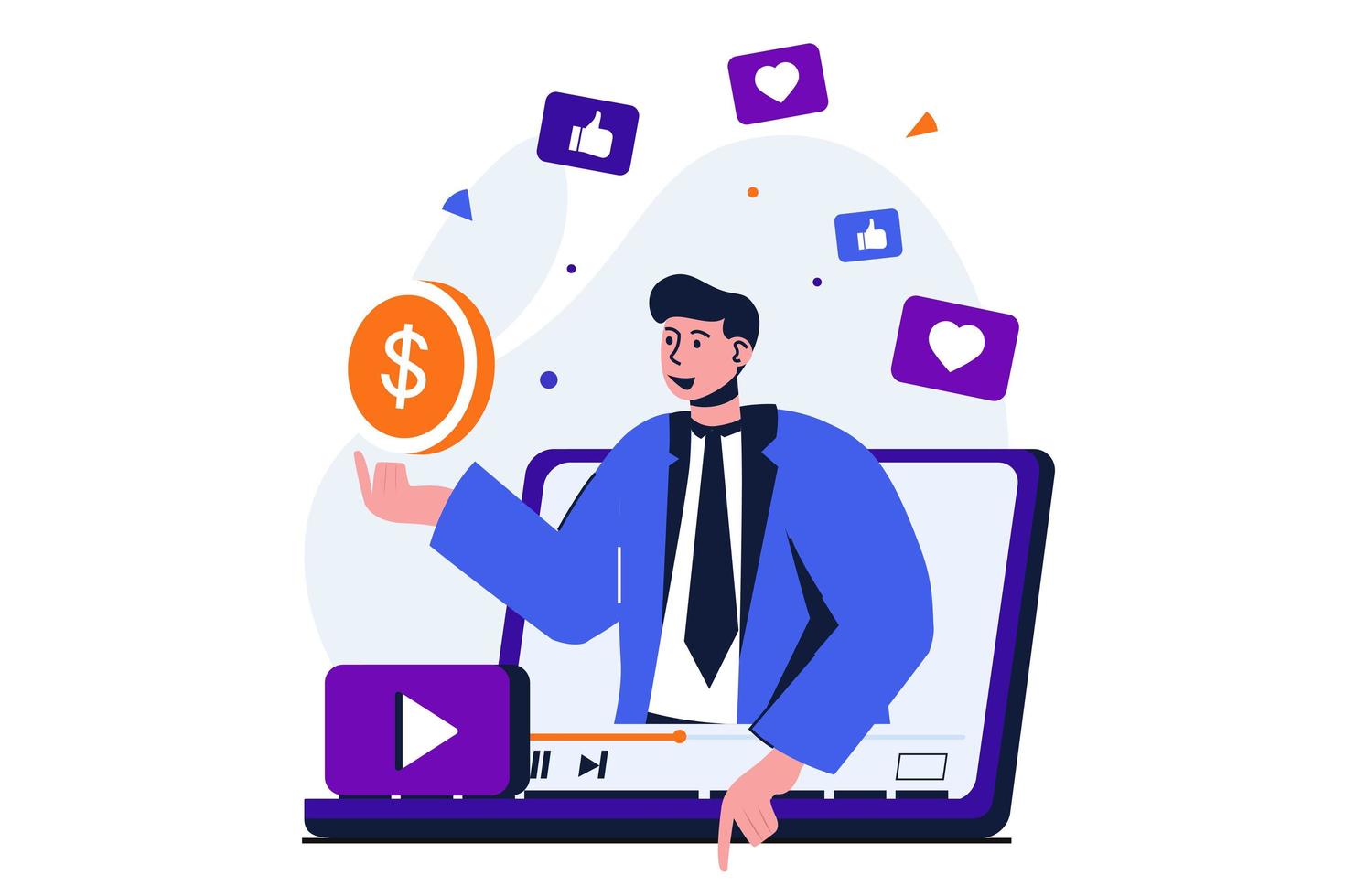 Video blogging modern flat concept for web banner design. Man blogger making video content, live streaming for followers and earning money on his blog. Vector illustration with isolated people scene