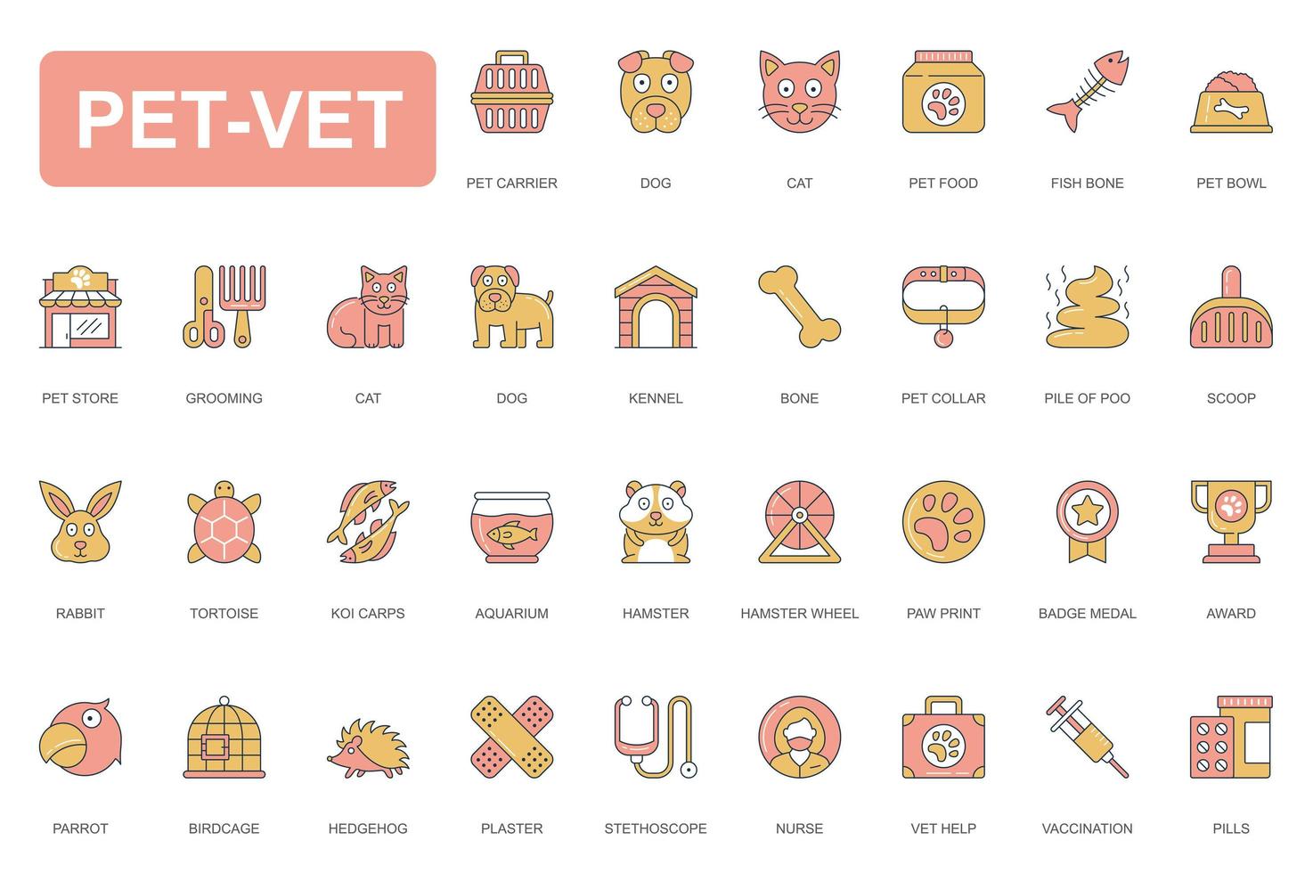 Pet vet concept simple line icons set. Pack outline pictograms of dog, cat, food, grooming, rabbit, tortoise, aquarium, hamster, parrot, award and other. Vector elements for mobile app and web design