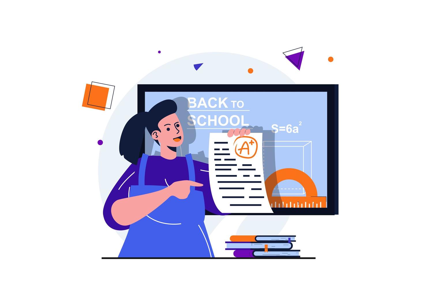 Back to school modern flat concept for web banner design. Happy schoolgirl holds sheet with exam and gets highest score. Student studying at college. Vector illustration with isolated people scene
