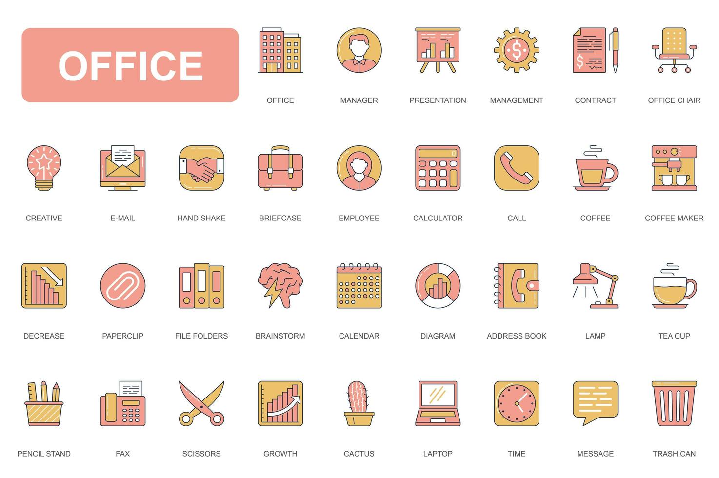 Office concept simple line icons set. Pack outline pictograms of management, presentation, creative, hand shake, brainstorm, contract, employee and other. Vector elements for mobile app and web design