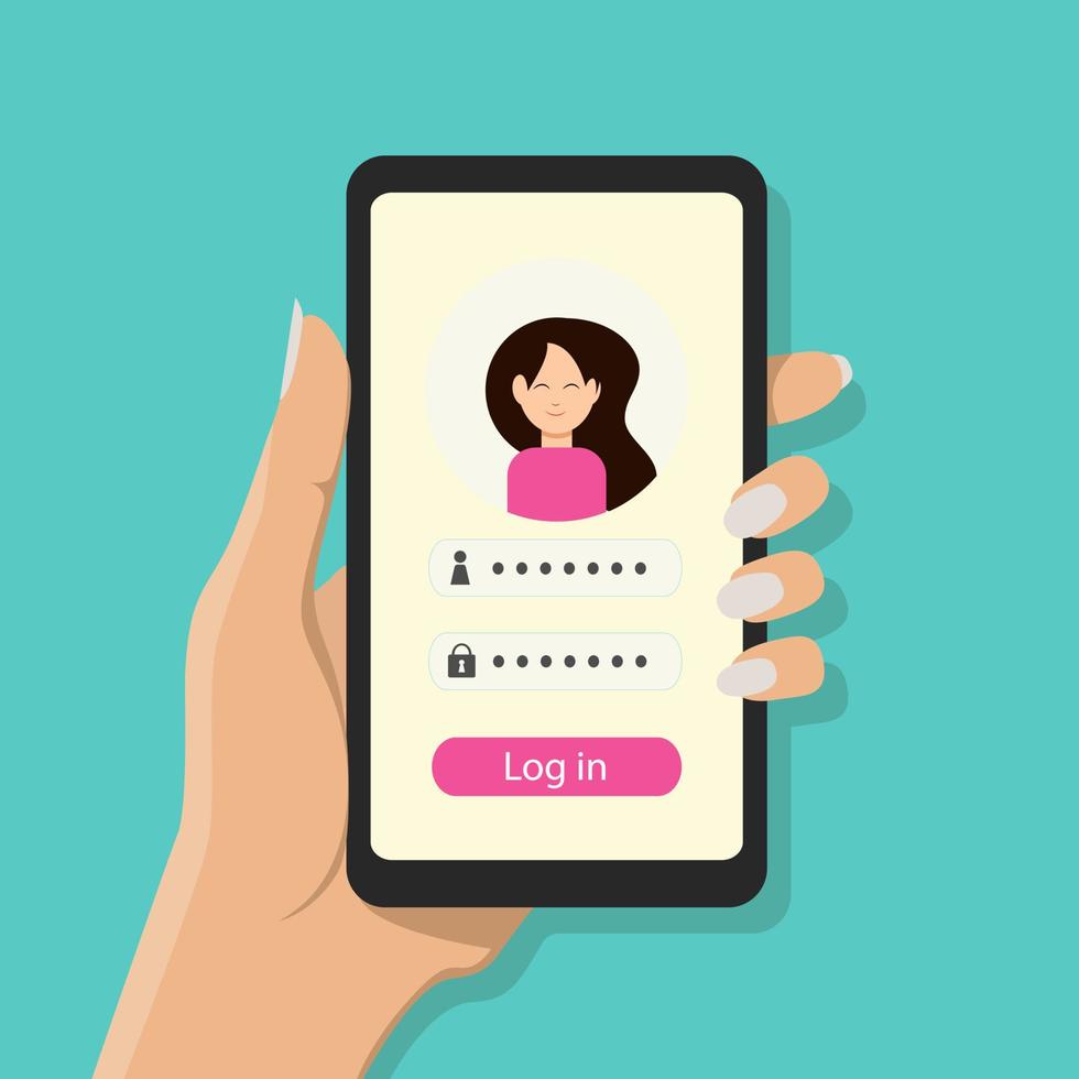 Female hand holds a smartphone with a website authorization page with secure login and password on the smartphone screen. Avatar of a young girl. Vector illustration.