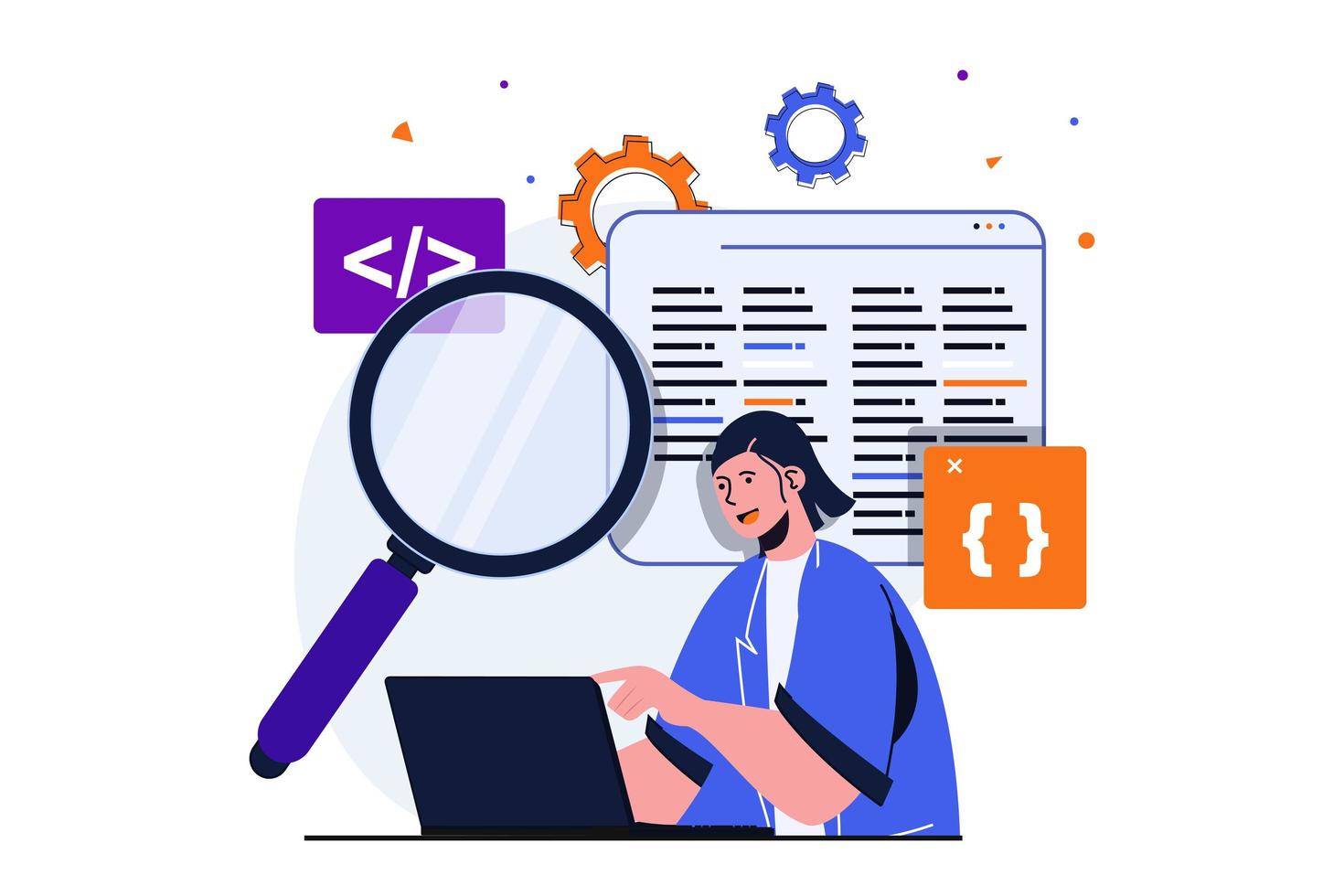 desarrollo de aplicaciones concepto plano moderno para diseño de banner web. la desarrolladora hace investigación de mercado, trabaja con código y scripts, configura y optimiza. ilustración vectorial con escena de personas aisladas vector