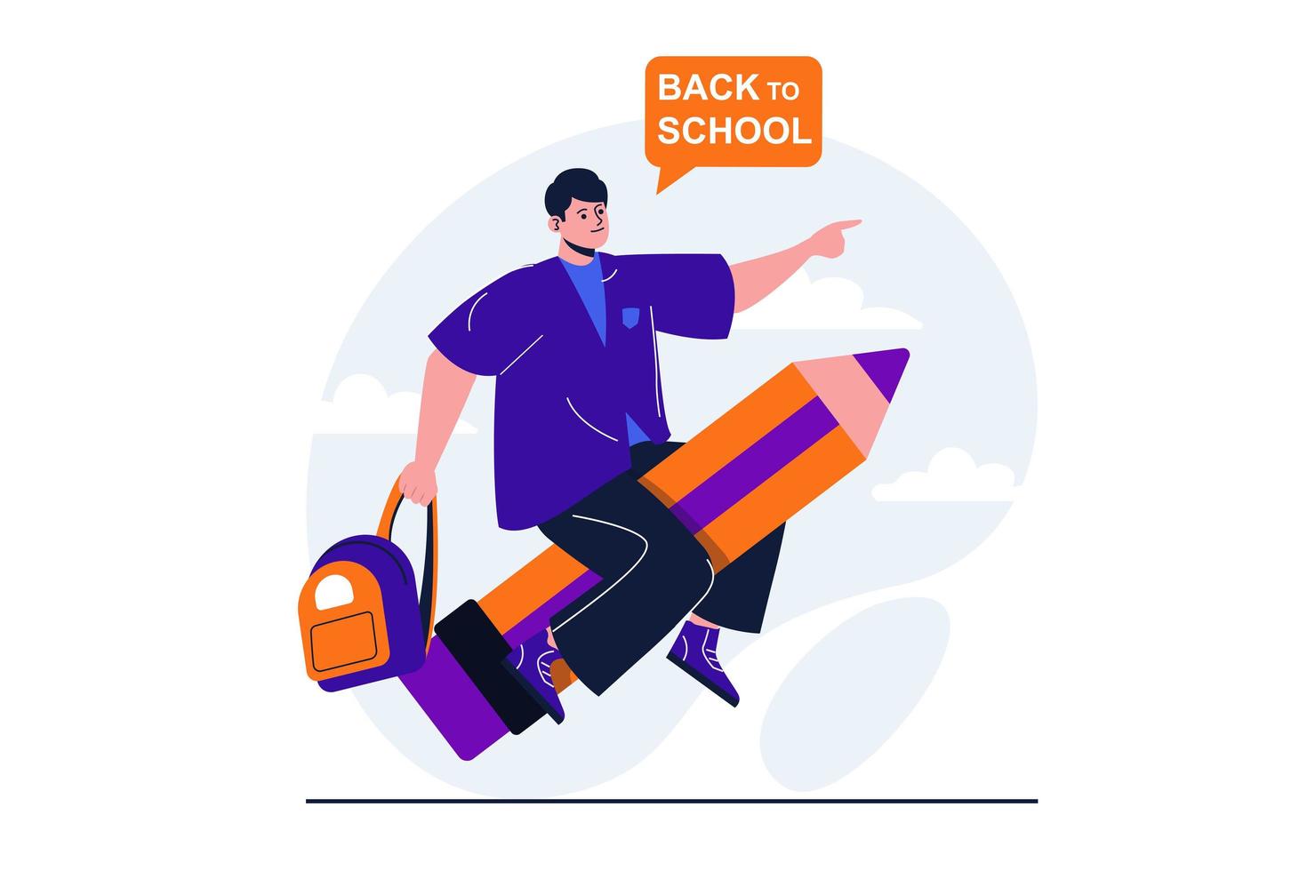 Back to school modern flat concept for web banner design. Happy teenager student with backpack flying on huge pencil and hurries to college for lessons. Vector illustration with isolated people scene