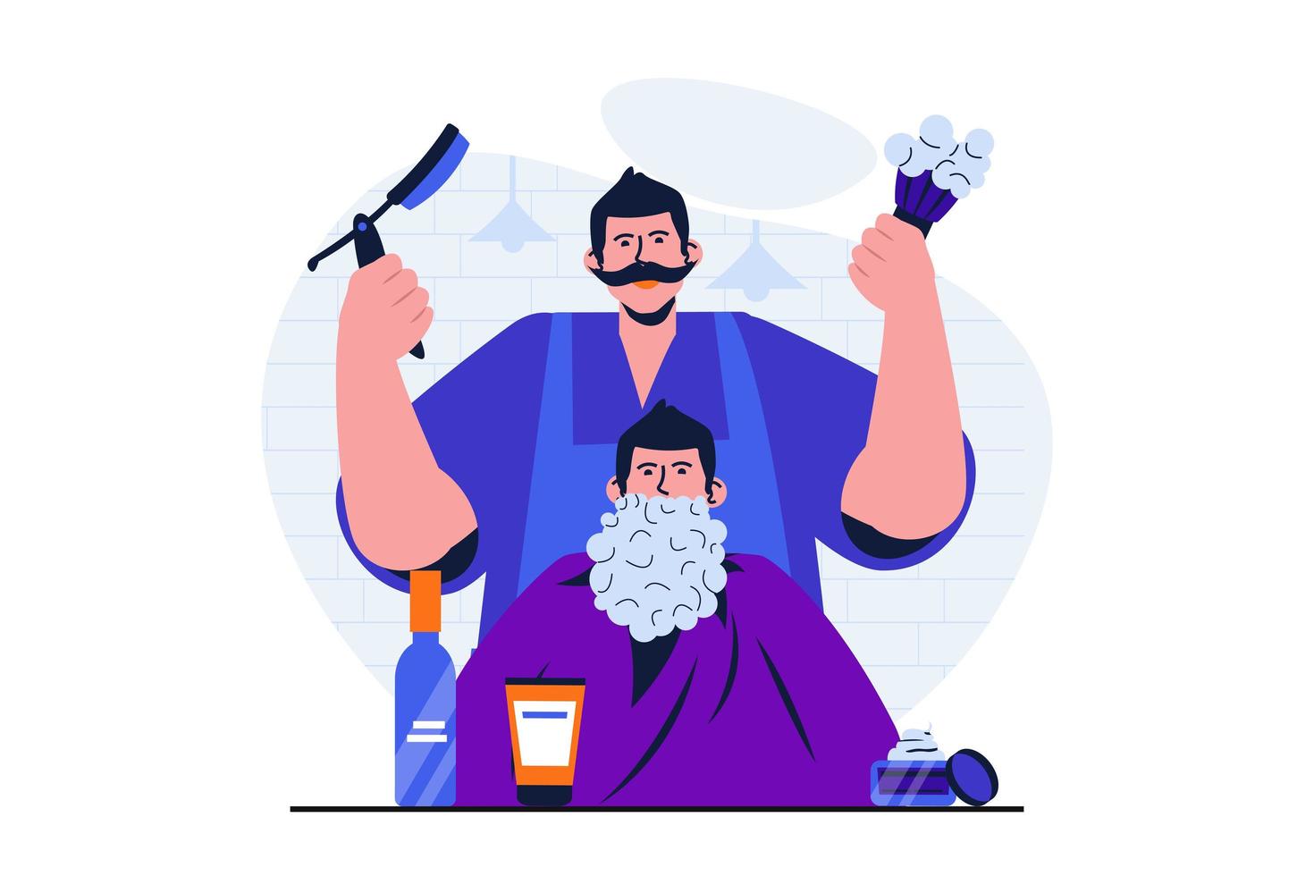 concepto plano moderno de barbería para diseño de banner web. el peluquero ha enjabonado la barba del cliente y la ha cortado con una navaja recta. hombre recortando la barba. ilustración vectorial con escena de personas aisladas vector