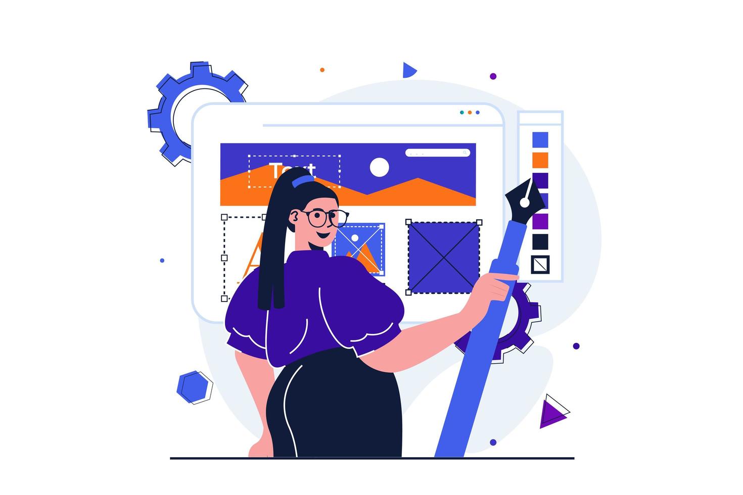 estudio de diseñador moderno concepto plano para diseño de banner web. mujer ilustradora sosteniendo un bolígrafo, dibujando elementos gráficos e imágenes publicadas en el diseño del sitio web. ilustración vectorial con escena de personas aisladas vector