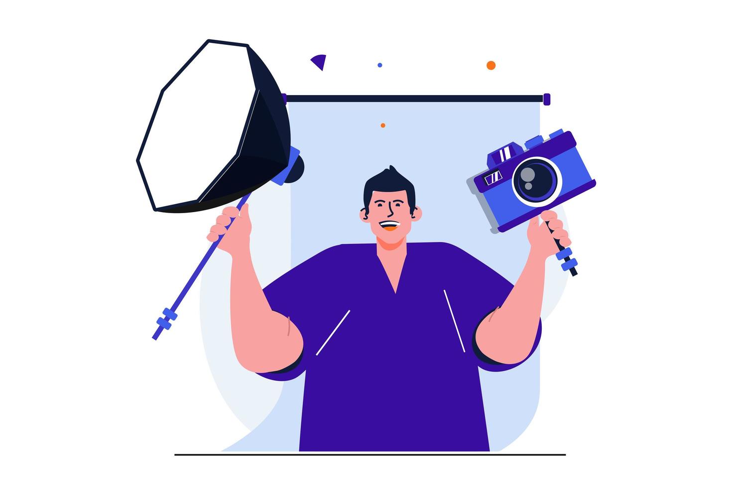 Photo studio modern flat concept for web banner design. Happy photographer holding camera and spotlight. Man posing with professional photo equipment. Vector illustration with isolated people scene