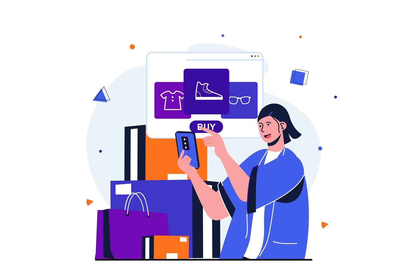 Online shopping modern flat concept for web banner design. Customer looks at assortment of store from smartphone, selects and makes purchases in app. Vector illustration with isolated people scene