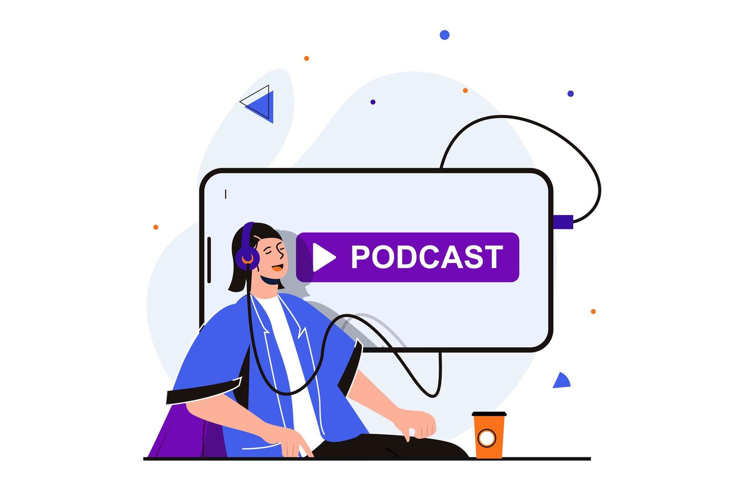 transmisión de podcast concepto plano moderno para diseño de banner web. la mujer con auriculares disfruta de su podcast favorito o escucha la radio en el reproductor de aplicaciones móviles. ilustración vectorial con escena de personas aisladas vector