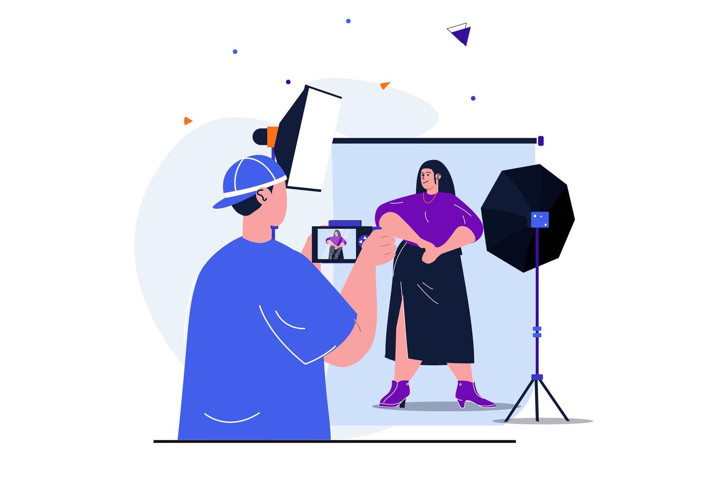 Photo studio modern flat concept for web banner design. Male photographer doing photo session for posing model in professional studio with spotlights. Vector illustration with isolated people scene