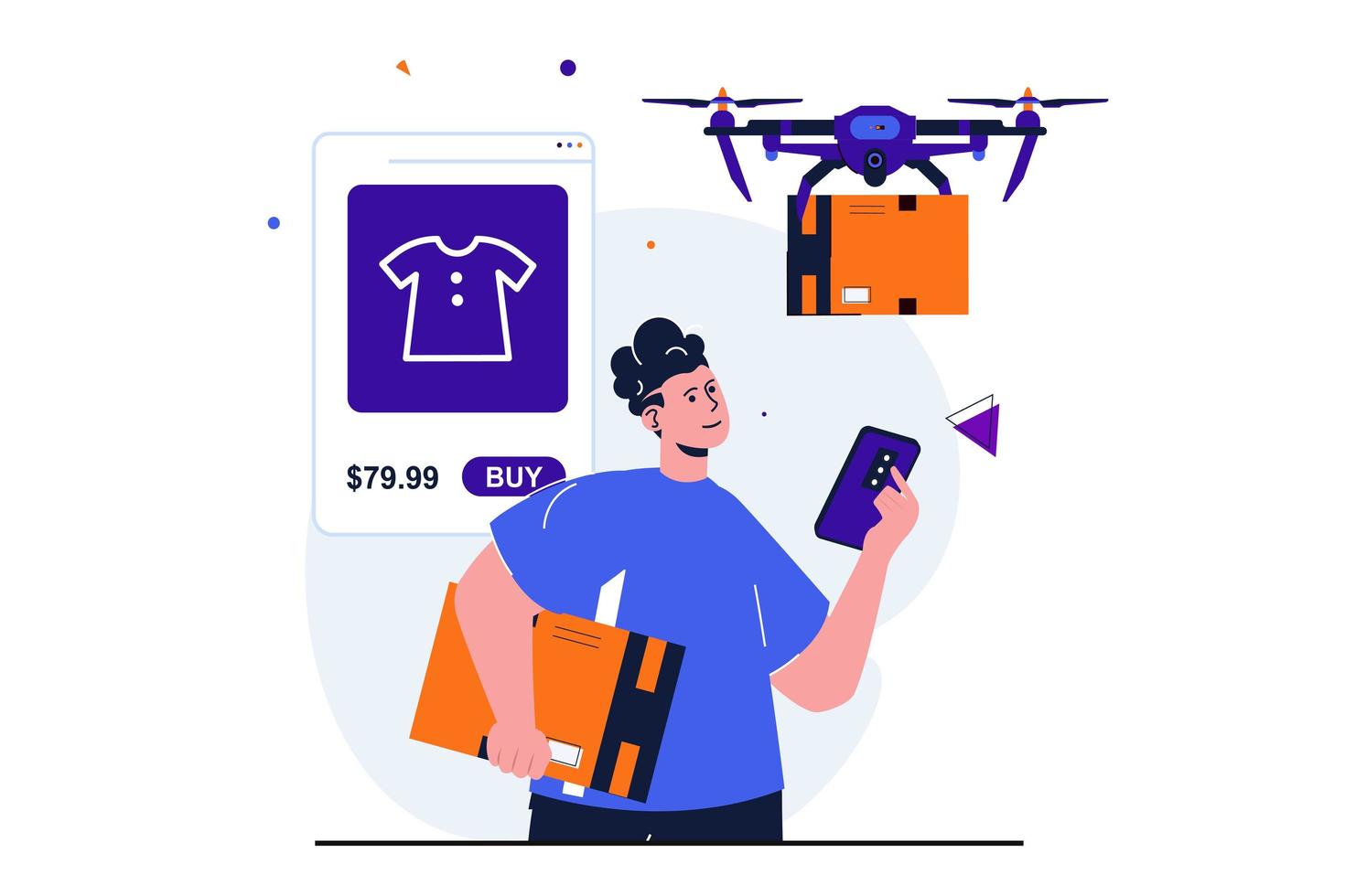 concepto plano moderno de comercio móvil para diseño de banner web. el hombre hace compras y utiliza el servicio de entrega, el dron volador lleva el pedido al cliente en casa. ilustración vectorial con escena de personas aisladas vector