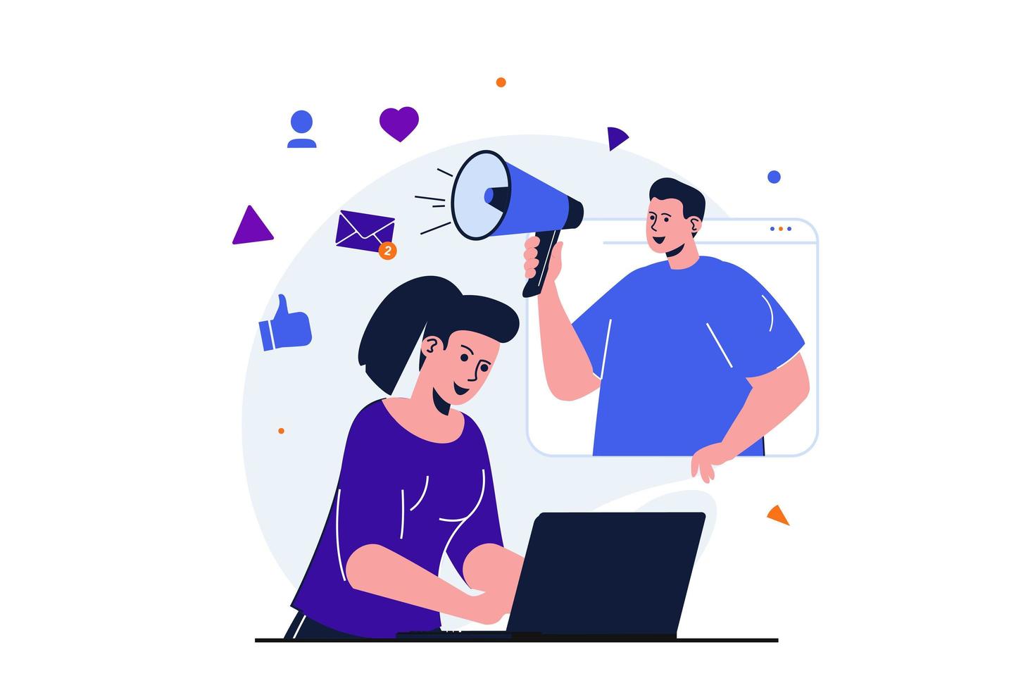 concepto plano moderno de marketing en redes sociales para diseño de banner web. el hombre con megáfono atrae nuevos clientes, la mujer promociona en línea mientras trabaja en una computadora portátil. ilustración vectorial con escena de personas aisladas vector