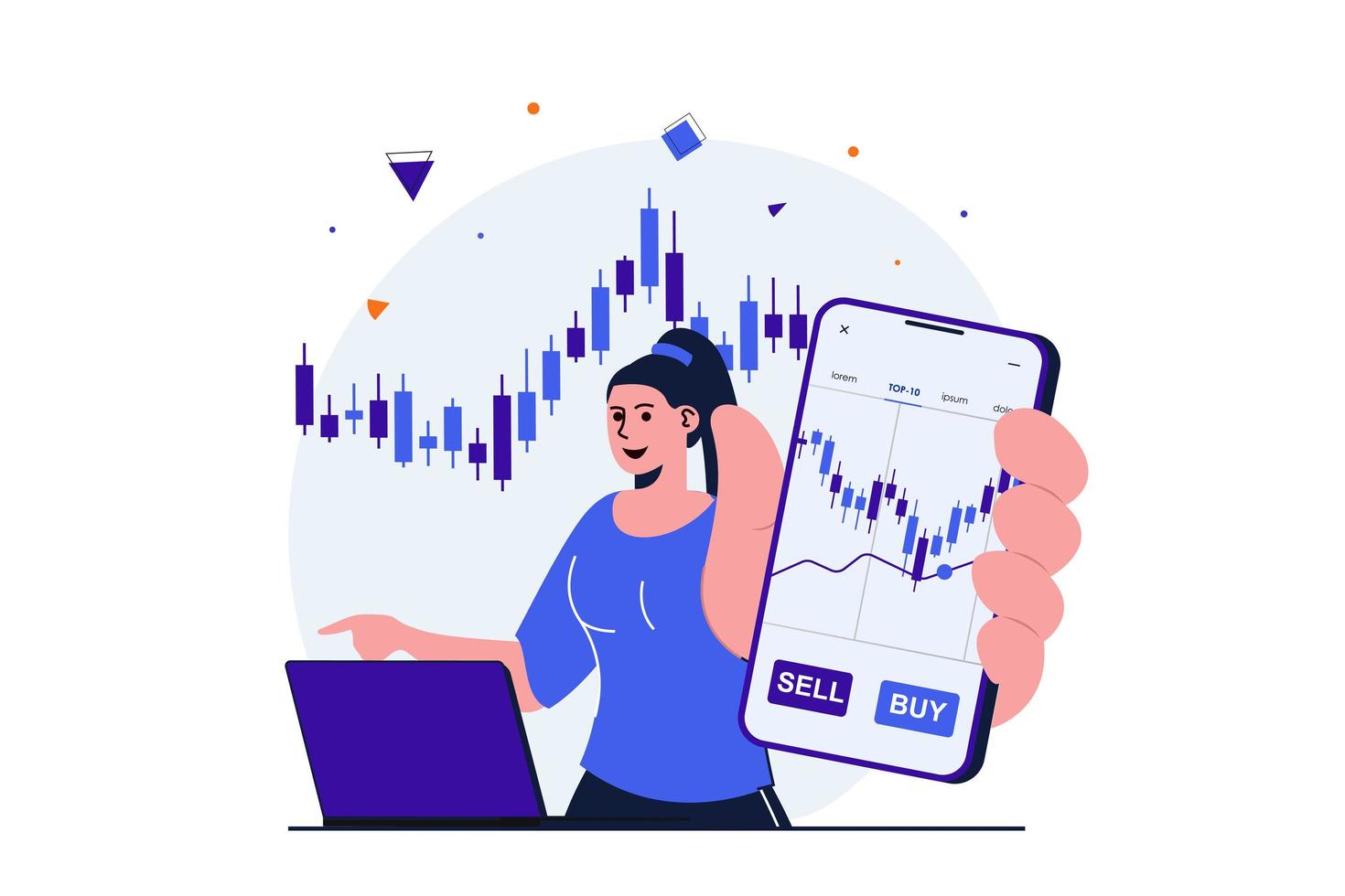 Stock market modern flat concept for web banner design. Woman buys or sells securities on stock exchange, studies charts and statistics, works at laptop. Vector illustration with isolated people scene