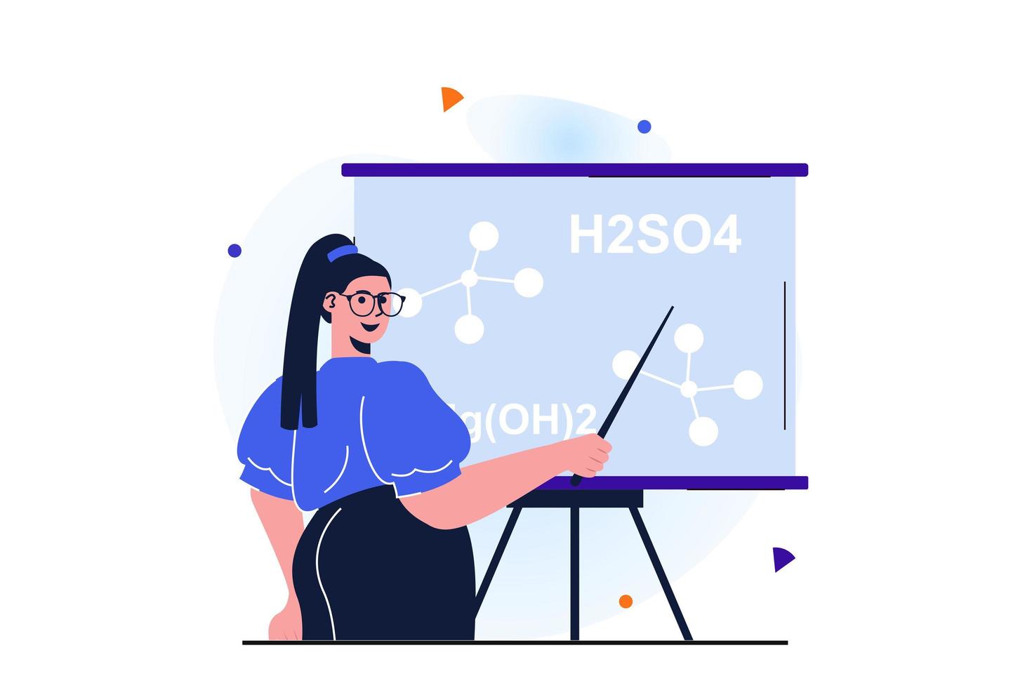 Women working modern flat concept for web banner design. Woman is chemistry teacher, stands with pointer near blackboard and teaching in classroom. Vector illustration with isolated people scene