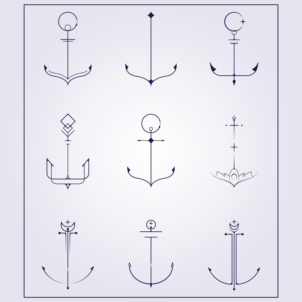 bundle and set of nautical anchor icon symbol for tattoo style logo simple line art vector illustration design, variation of creative anchor