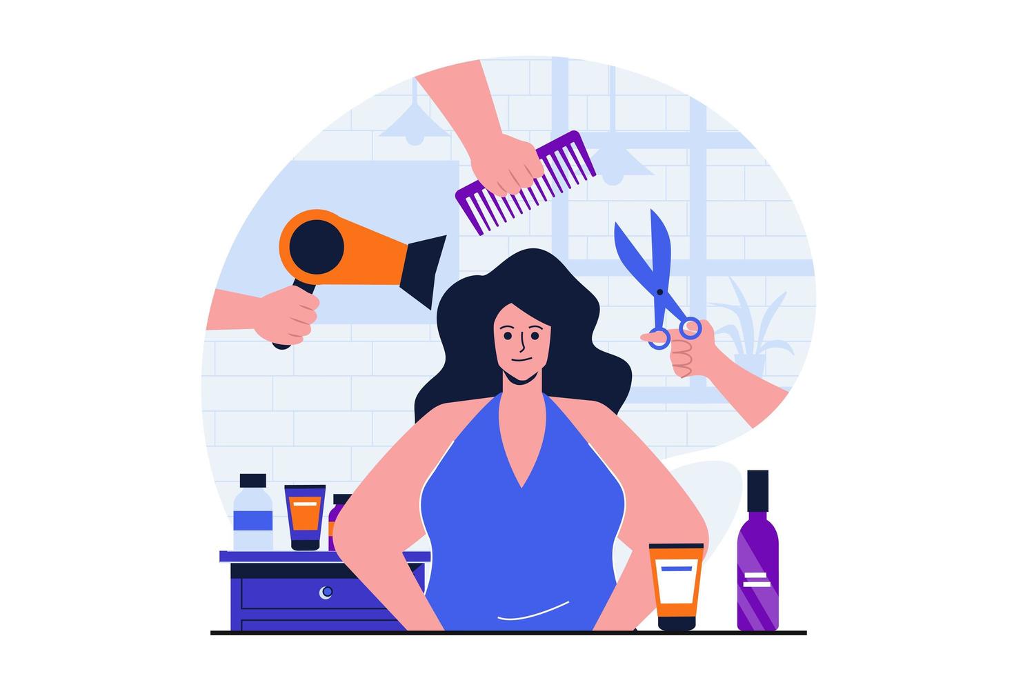 Beauty salon modern flat concept for web banner design. Female client sits in chair and receives cutting hair, styling and hair care treatment in studio. Vector illustration with isolated people scene
