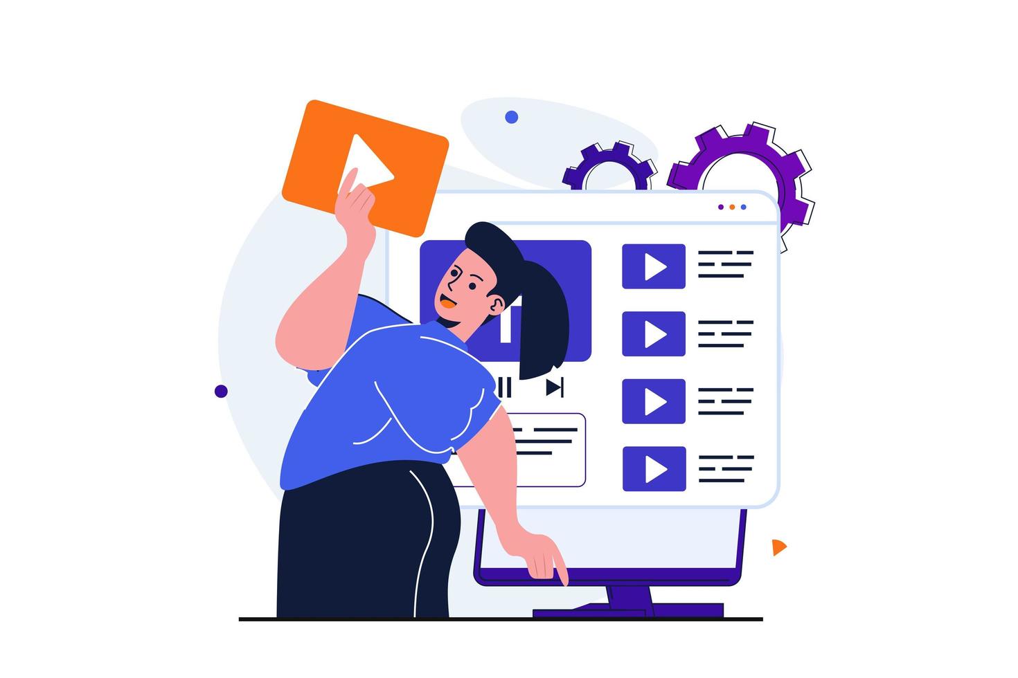 Content manager modern flat concept for web banner design. Woman develops video channel, creates and publishes videos and organizes blog information. Vector illustration with isolated people scene