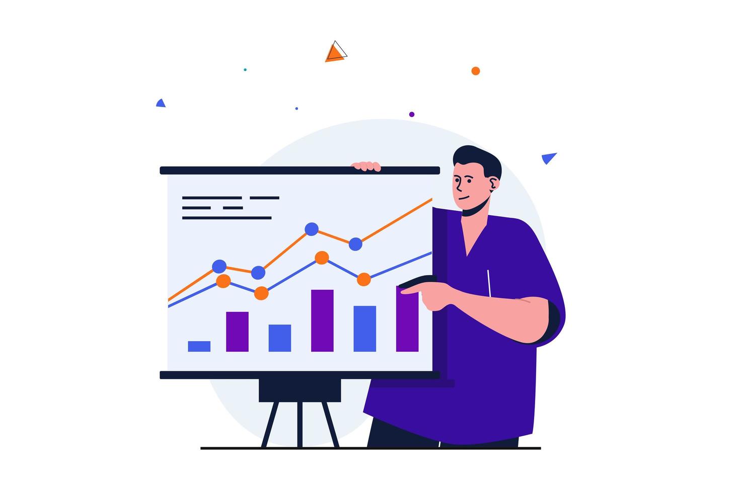 Business growth modern flat concept for web banner design. Businessman makes presentation with company indicators, financial growth on charts report. Vector illustration with isolated people scene