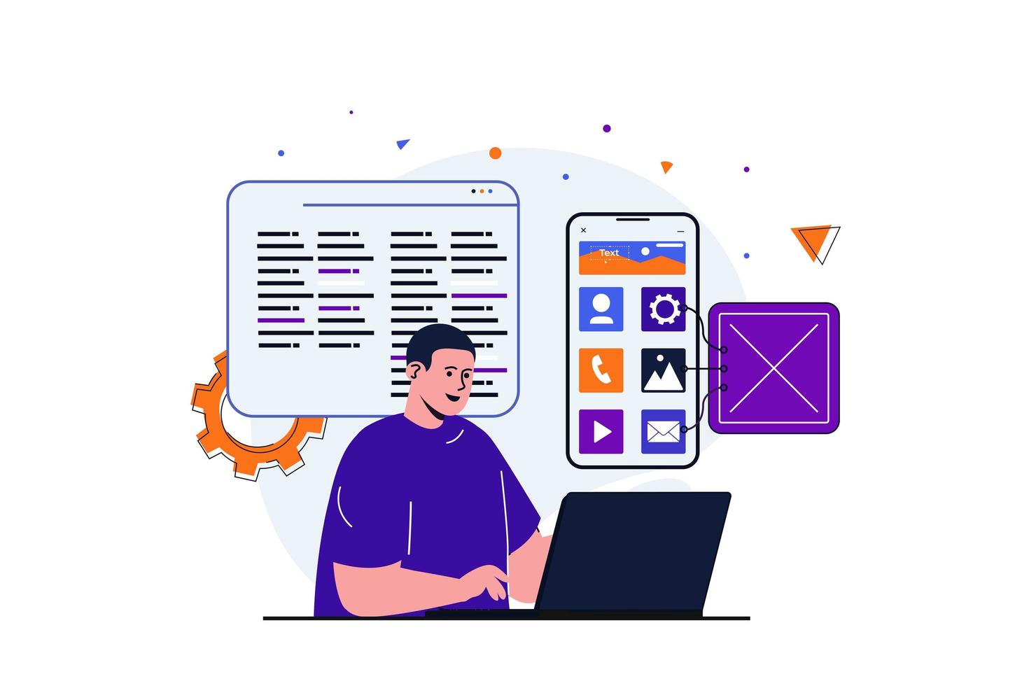 App development modern flat concept for web banner design. Male designer works with mobile application at laptop, coding and making interface layout. Vector illustration with isolated people scene