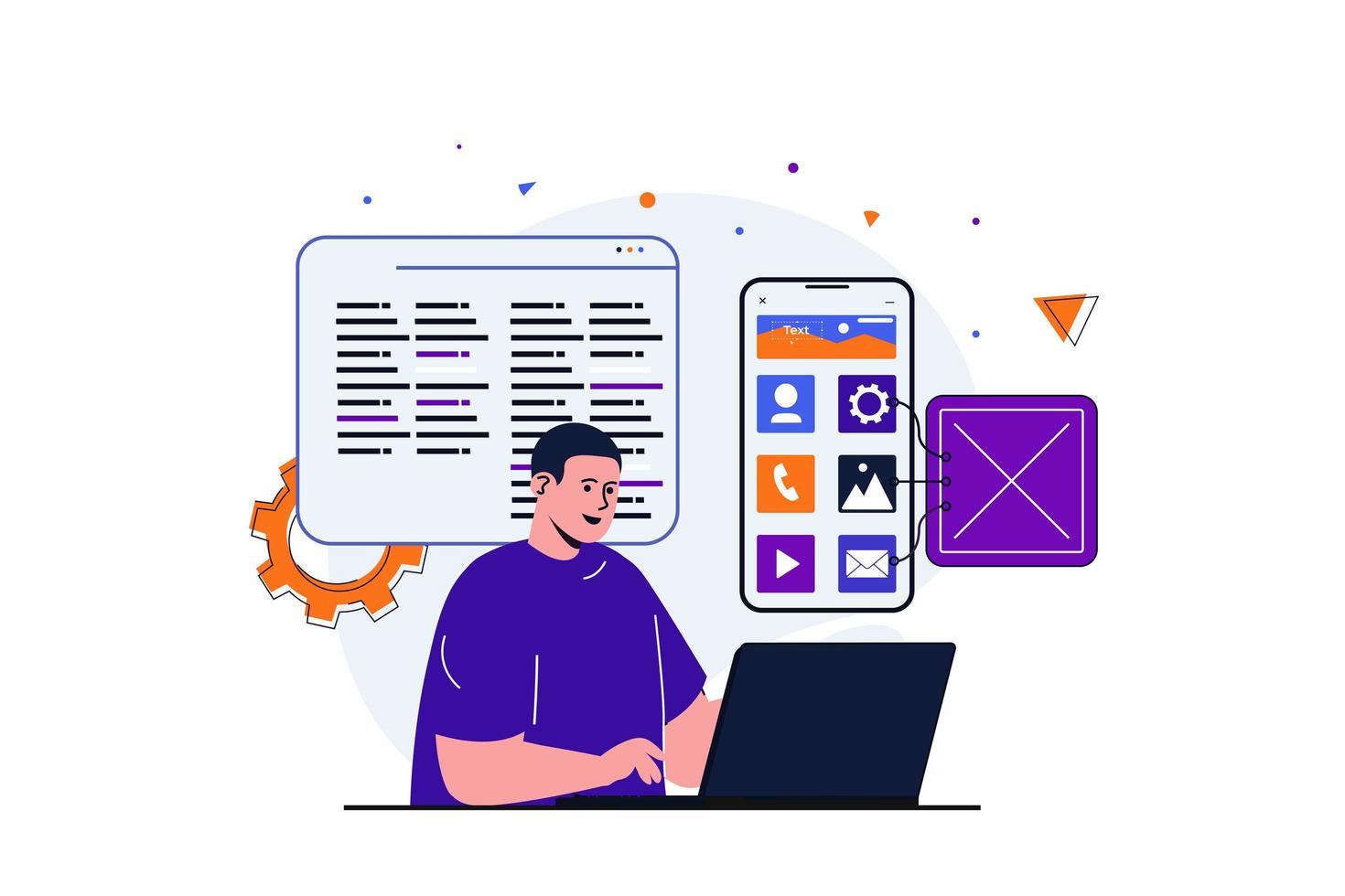 desarrollo de aplicaciones concepto plano moderno para diseño de banner web. el diseñador masculino trabaja con la aplicación móvil en la computadora portátil, codificando y haciendo el diseño de la interfaz. ilustración vectorial con escena de personas aisladas vector
