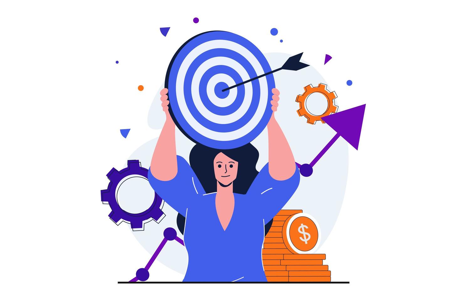 Business target modern flat concept for web banner design. Businesswoman holds dartboard with arrow. Financial success, goals achievement and leadership. Vector illustration with isolated people scene