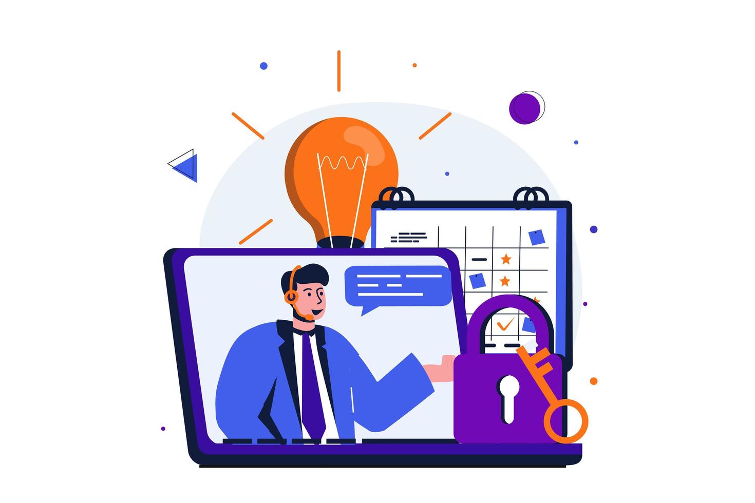 Customer service modern flat concept for web banner design. Man in headphones consults and solves problems, finds creative ideas and talks with clients. Vector illustration with isolated people scene