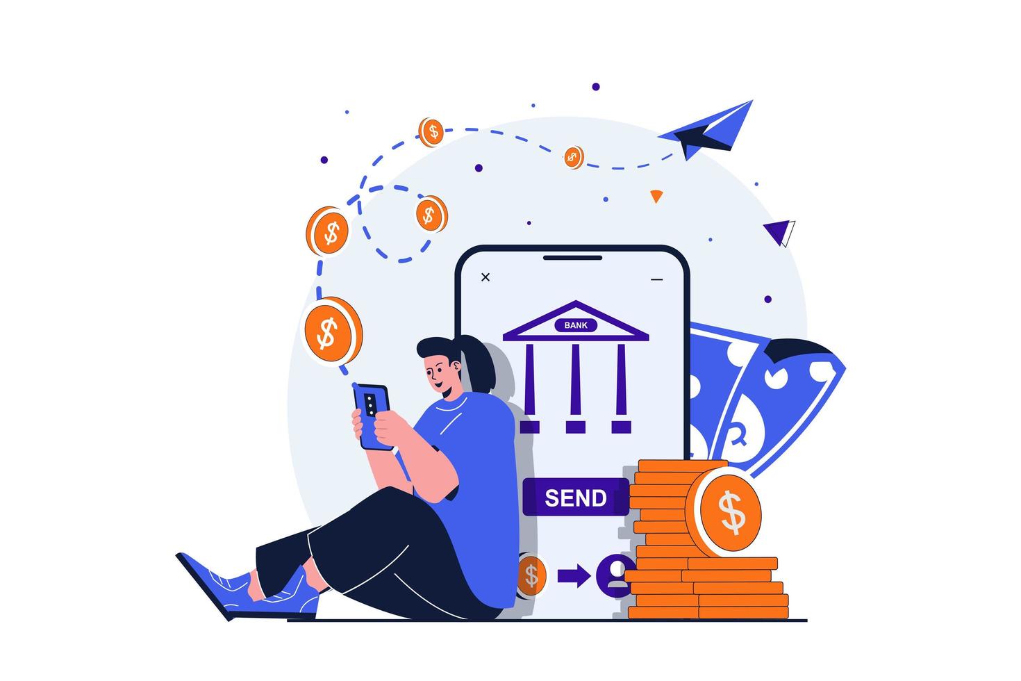 concepto plano moderno de banca móvil para diseño de banner web. la mujer paga las compras o envía dinero usando la aplicación para teléfonos inteligentes. servicio de cuenta financiera en línea. ilustración vectorial con escena de personas aisladas vector