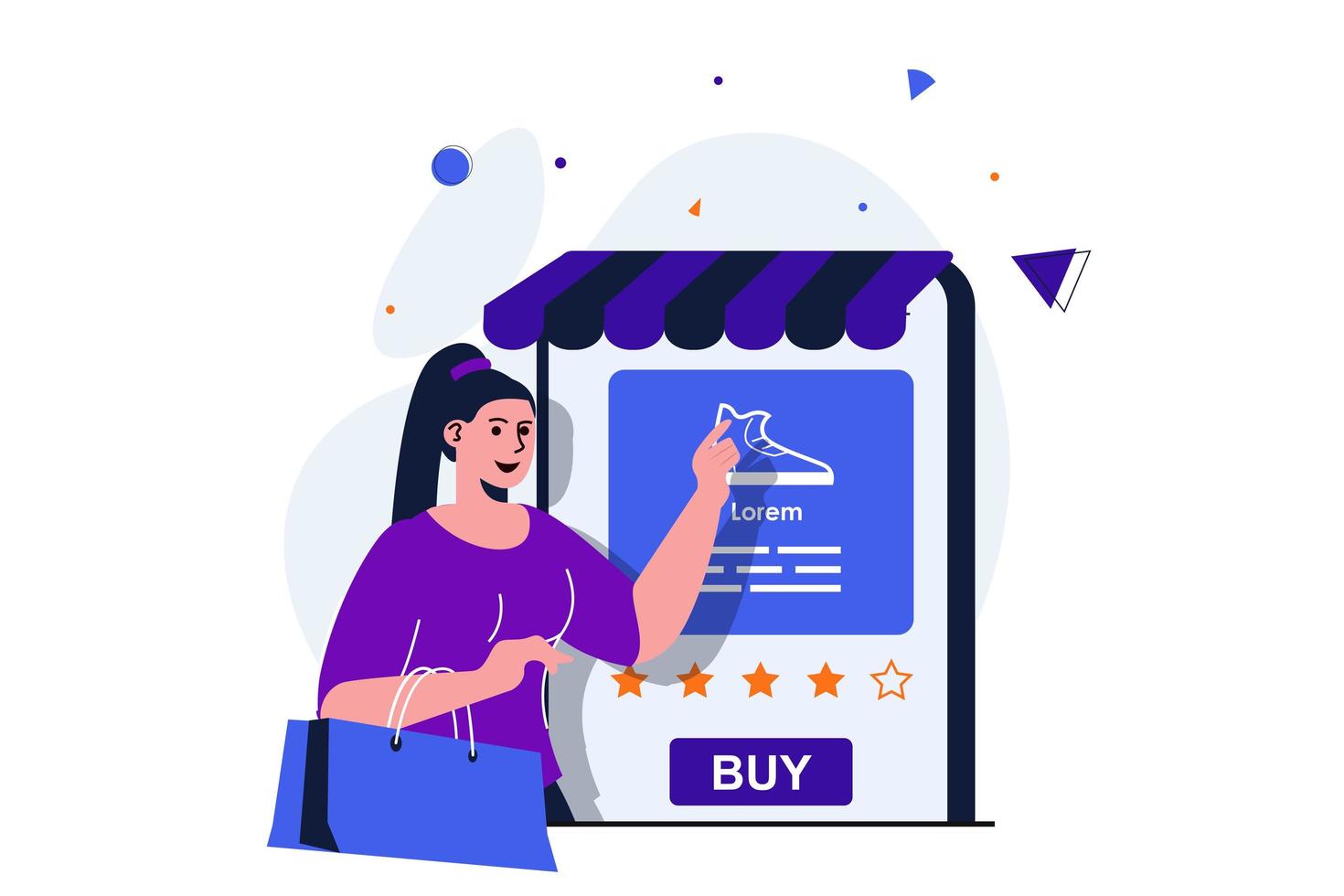 Mobile commerce modern flat concept for web banner design. Woman chooses shoes in online store, looking at rating and makes purchase in application. Vector illustration with isolated people scene