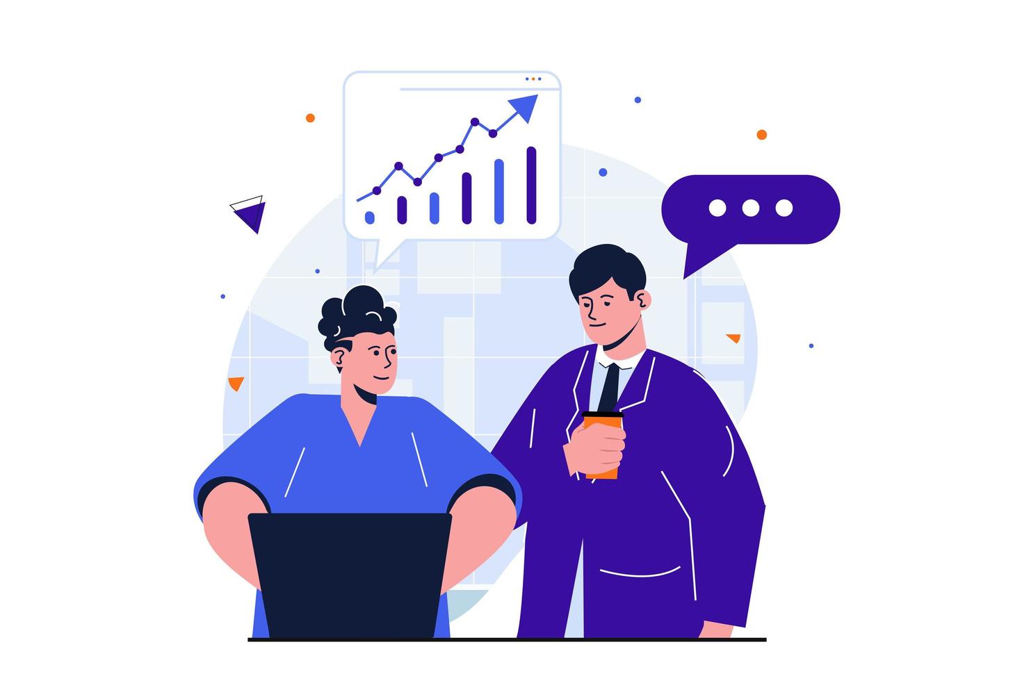 Office work modern flat concept for web banner design. Employees work together on project. Colleagues discuss statistics and make financial report. Vector illustration with isolated people scene
