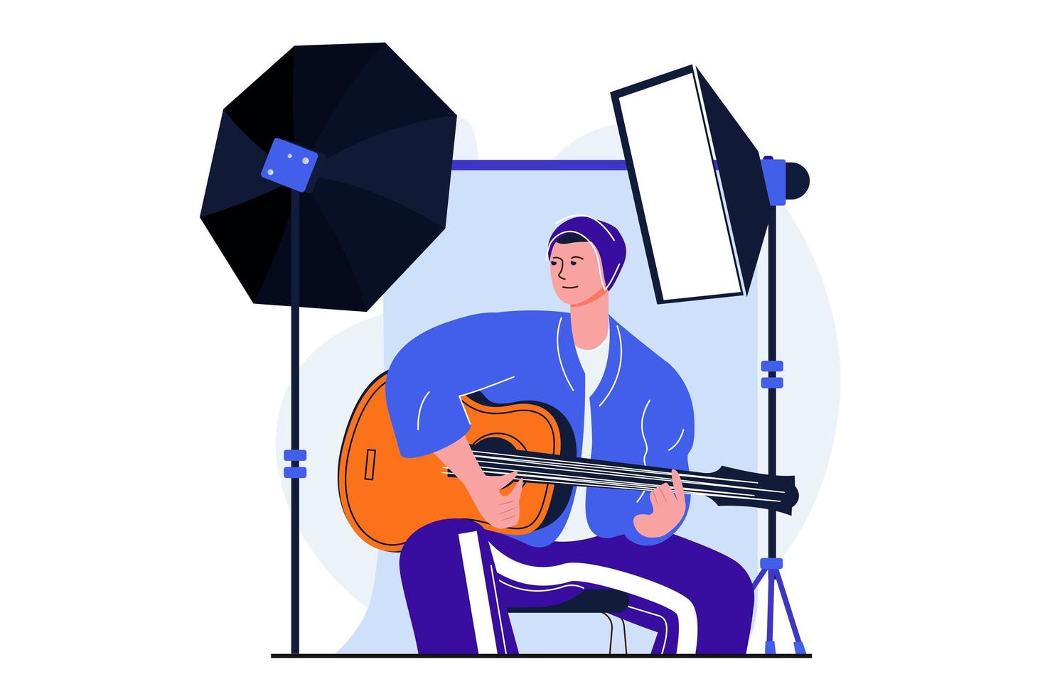 Photo studio modern flat concept for web banner design. Man plays guitar and poses for professional photographer. Musician at photoshoot in studio. Vector illustration with isolated people scene