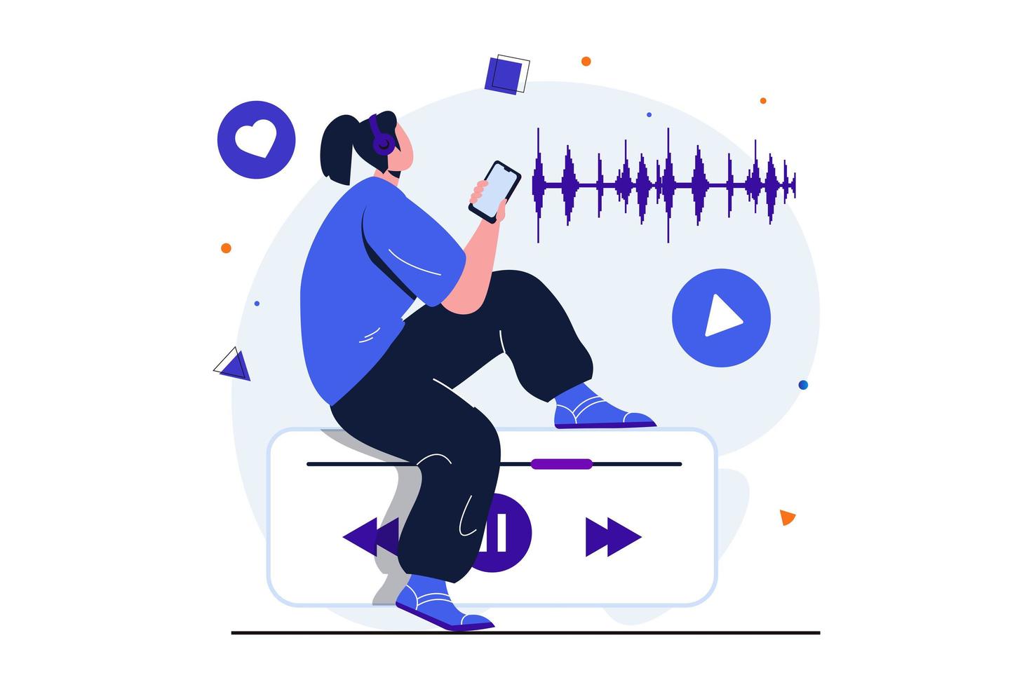 Podcast streaming modern flat concept for web banner design. Woman in headphones listens to live broadcast using mobile app. Listener enjoys music. Vector illustration with isolated people scene