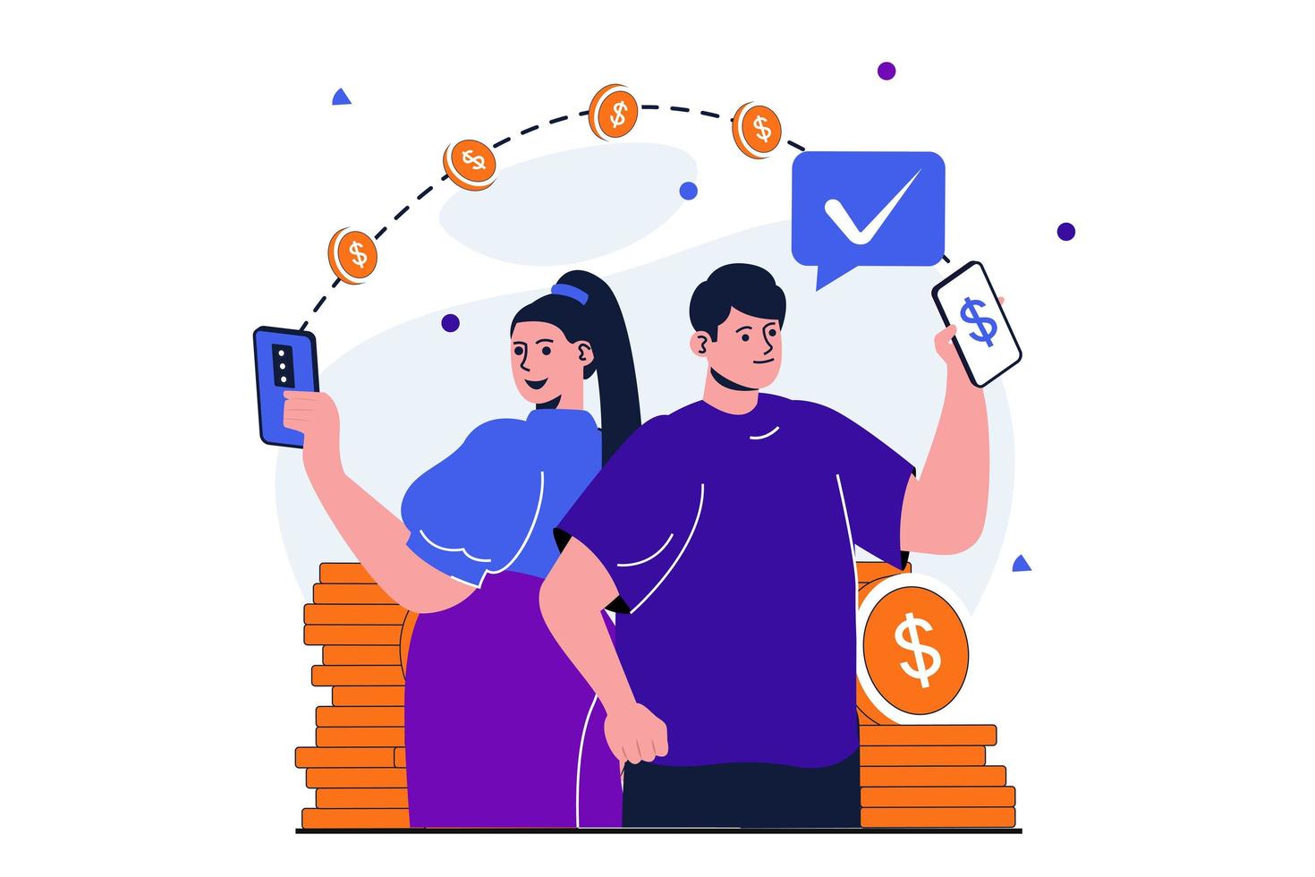 Online payment modern flat concept for web banner design. Woman makes money transfer from her account using application and man receives finances. Vector illustration with isolated people scene